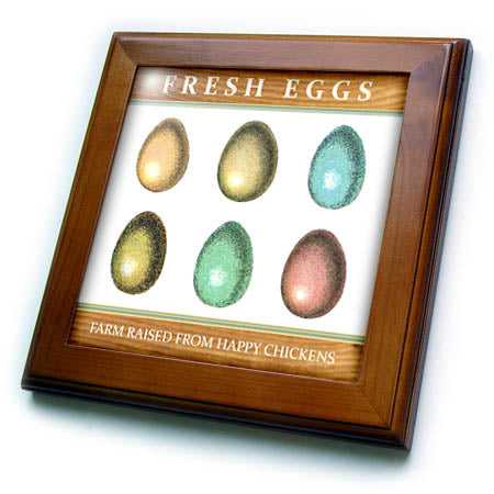 Fresh Eggs Framed Ceramic Tile — Farmhouse Chicken Kitchen Sign, 8"x8"