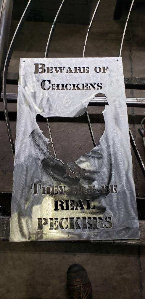 "Beware of Chickens, They Can Be Real Peckers" Metal Coop Sign — 18"x11" Steel