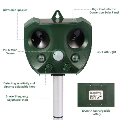 Ultrasonic Animal Repeller Solar Powered Repellent with Motion Sensor LED Flashing Lights IPX6 Waterproof Outdoor for Farm Garden Yard