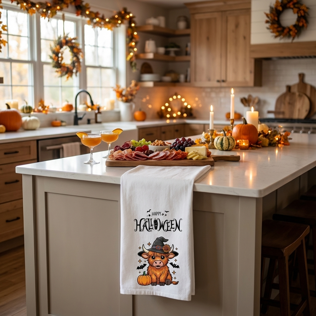 Happy Halloween cute Tea Towels, Festive Decor, Farmhouse Kitchen Accessories, Cute Highland Cow Design, Holiday Gift Ideas