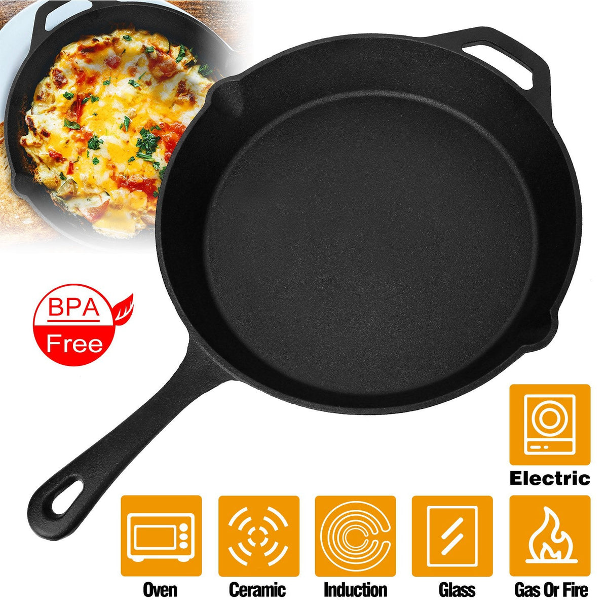 12-Inch Pre-Seasoned Cast Iron Skillet with Heat-Resistant Handle Holder