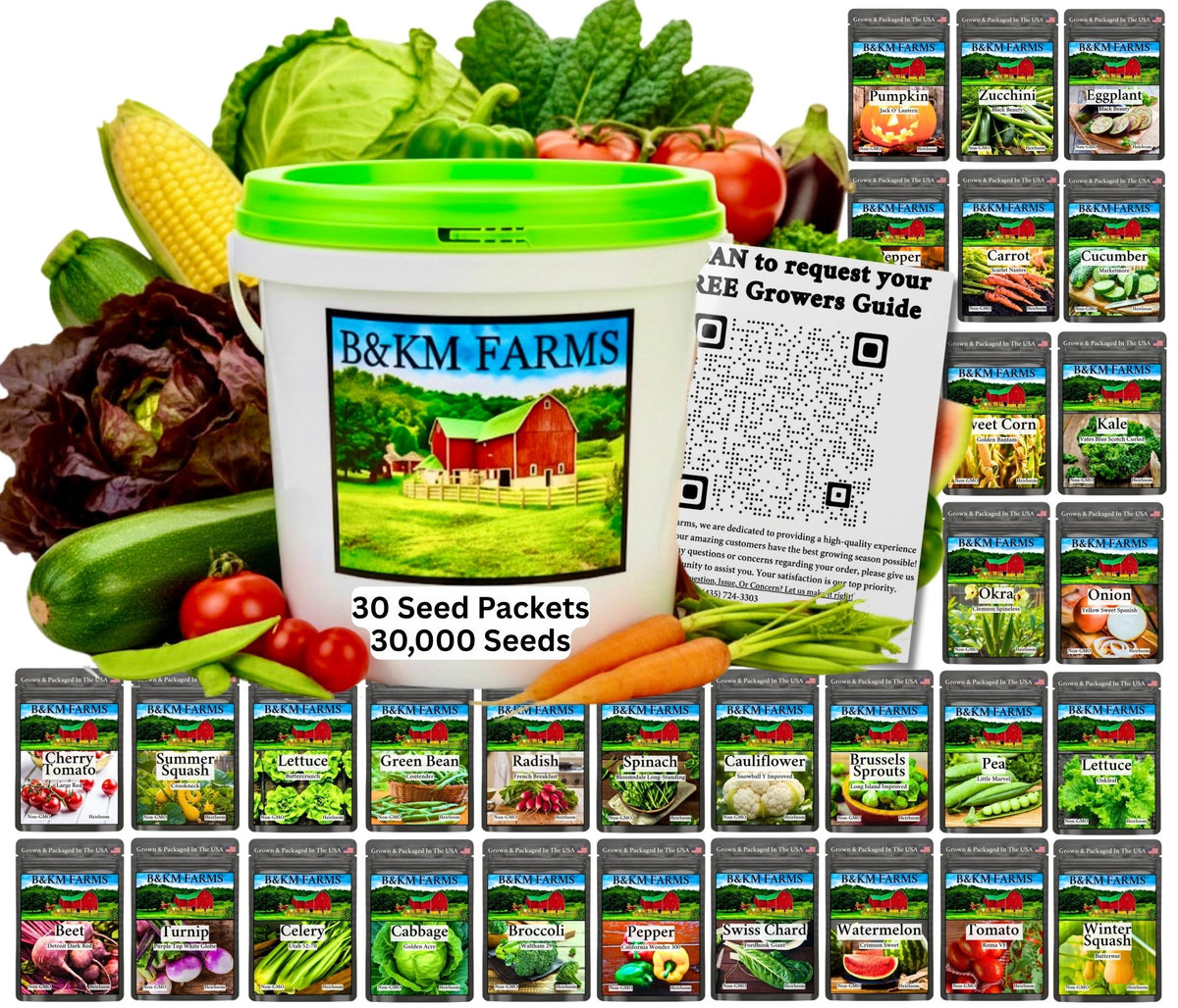 Thirty packet heirloom seed vault in a sealed survival bucket