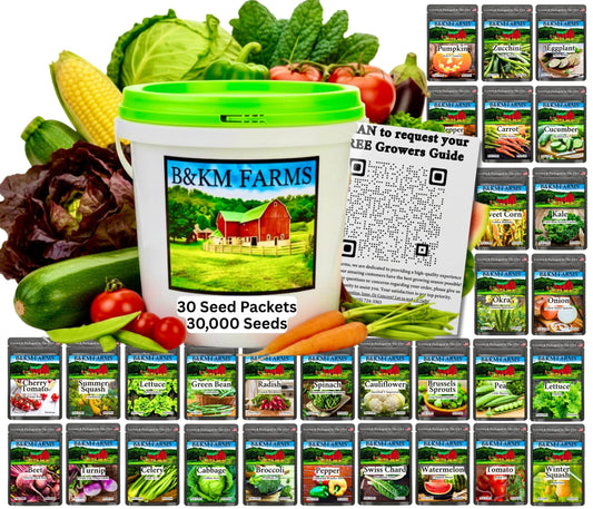 Thirty packet heirloom seed vault in a sealed survival bucket