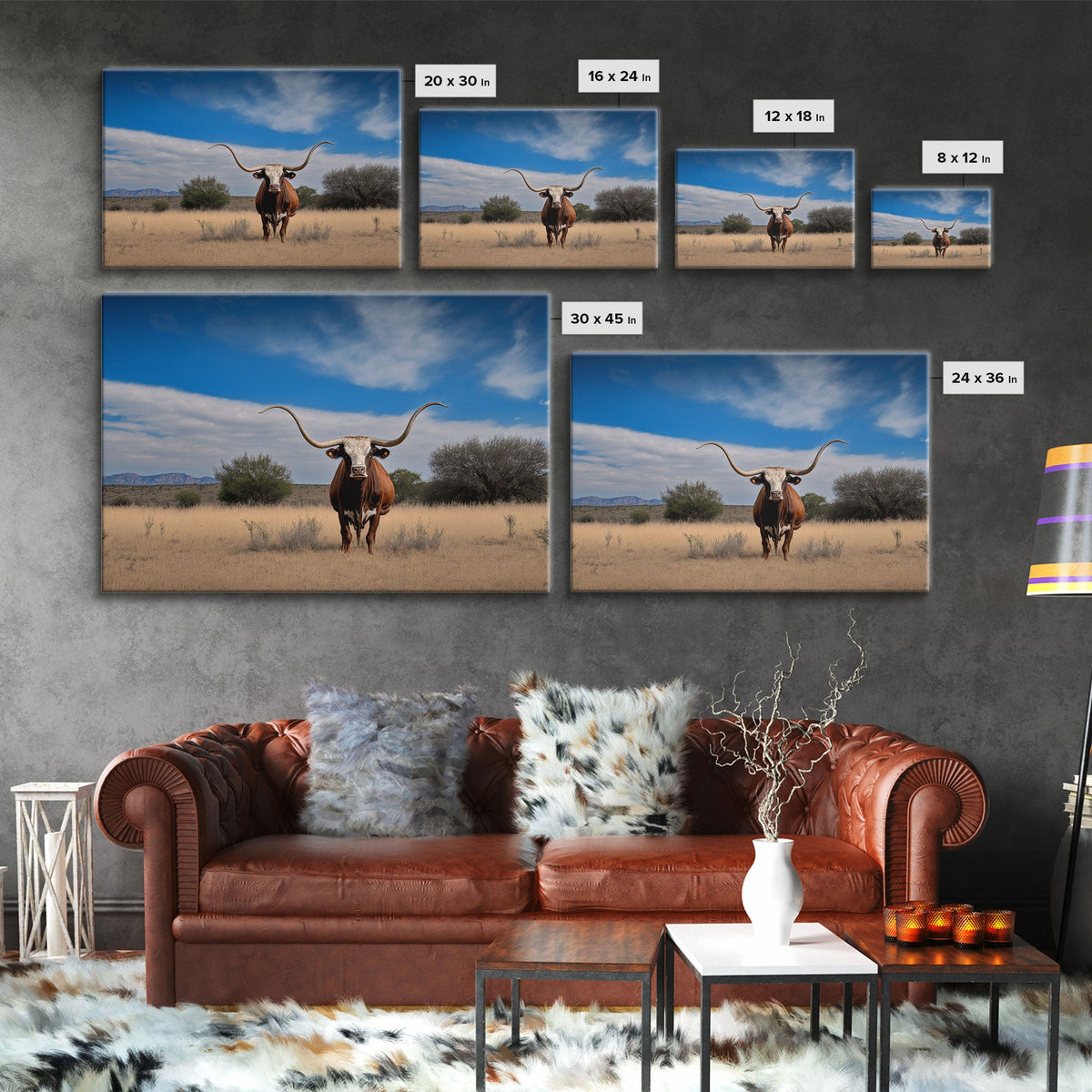Longhorn cow canvas print, Texas longhorn art, Longhorn canvas print, Farmhouse decor, Rustic wall art, Longhorn wall decor