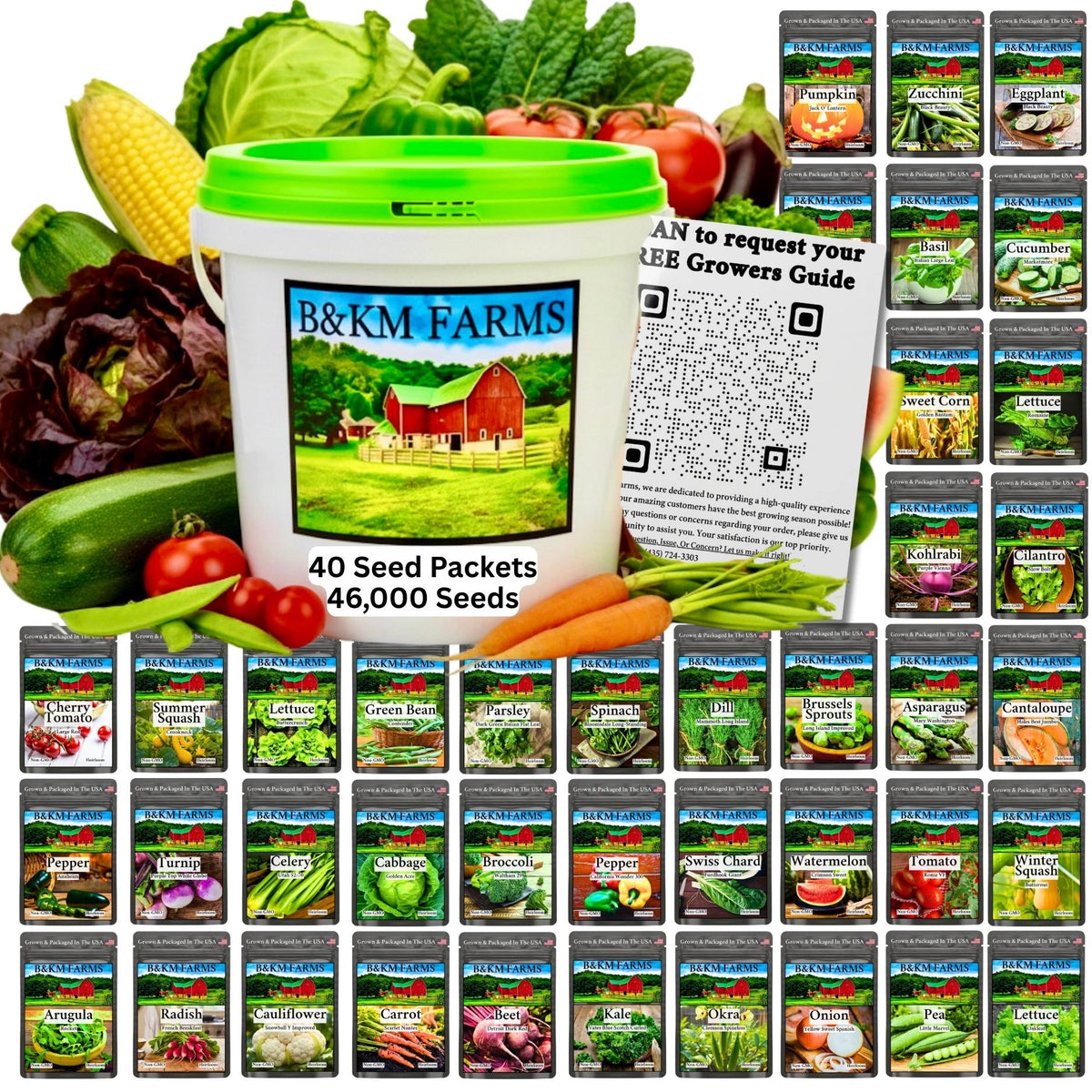 Forty vegetable seed packets in a heirloom seed vault bucket