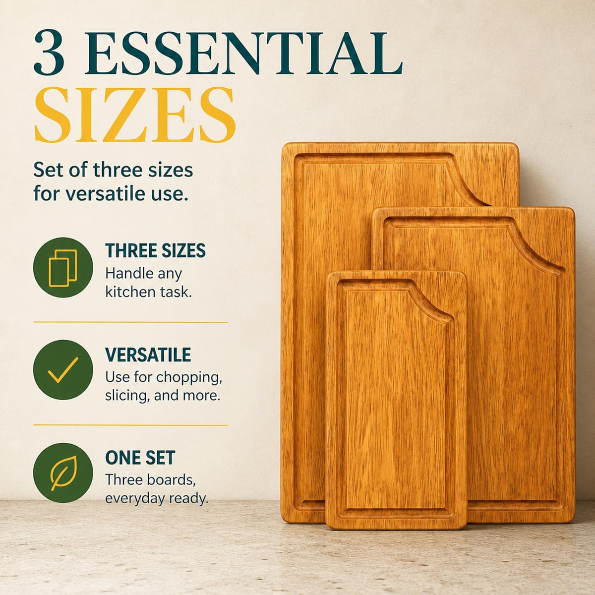 STORE INDYA Cutting Boards for Kitchen - Set of 3 Wooden Chopping Boards for Prep & Serving, Charcuterie, Butcher Block, Non Toxic Wood Cutting Boards – Large, Medium, Small – Gift Ready (Natural)