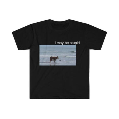 I May Be Stupid Funny Cow Beach T-Shirt – Meme-Inspired Graphic Tee, Unisex Cotton Top