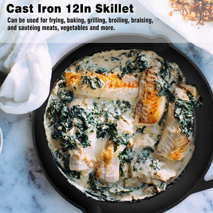 12-Inch Pre-Seasoned Cast Iron Skillet with Heat-Resistant Handle Holder