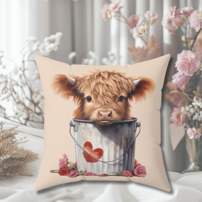Baby Highland Cow Valentine Pillow — 14"x14" Farmhouse Accent Pillow