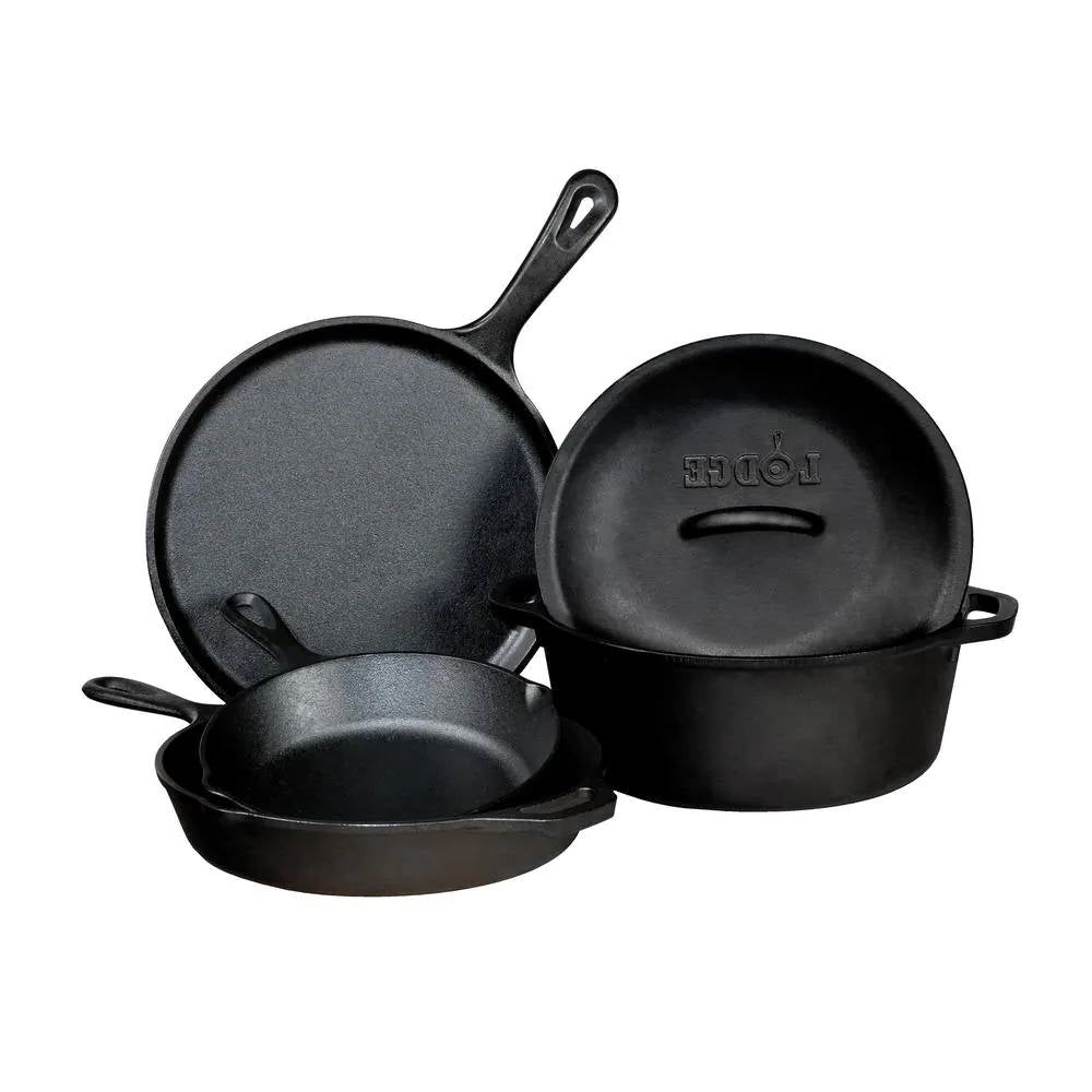 Five piece cast iron cookware set with Dutch oven, griddle and skillets
