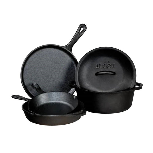 Five piece cast iron cookware set with Dutch oven, griddle and skillets