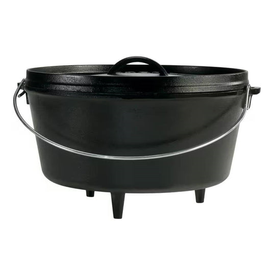 Eight quart deep seasoned cast iron Dutch oven with metal handle