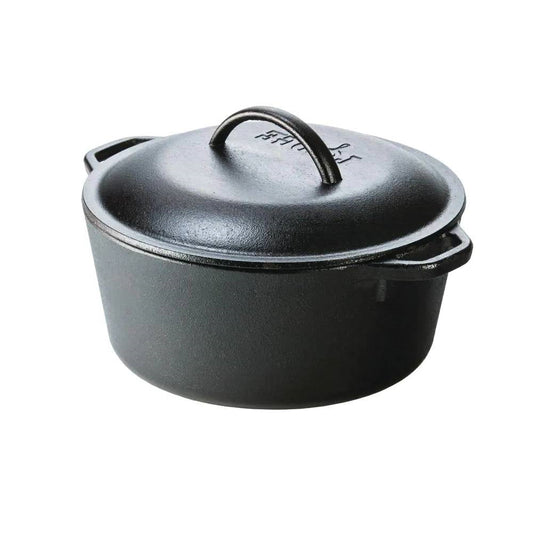 Five quart black cast iron Dutch oven with lid