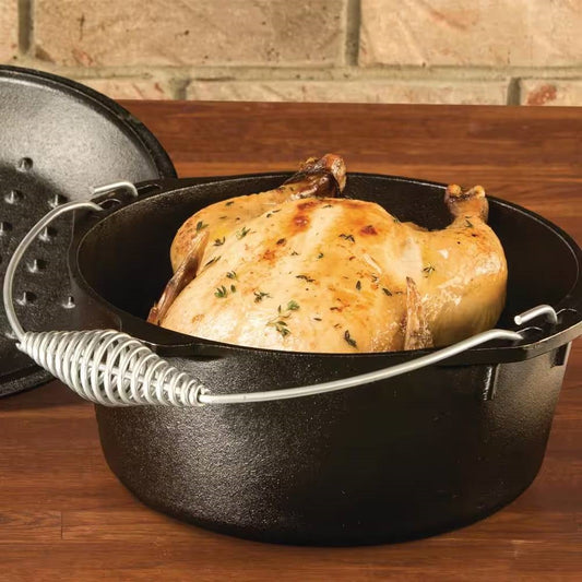 Five quart seasoned cast iron Dutch oven with spiral wire handle