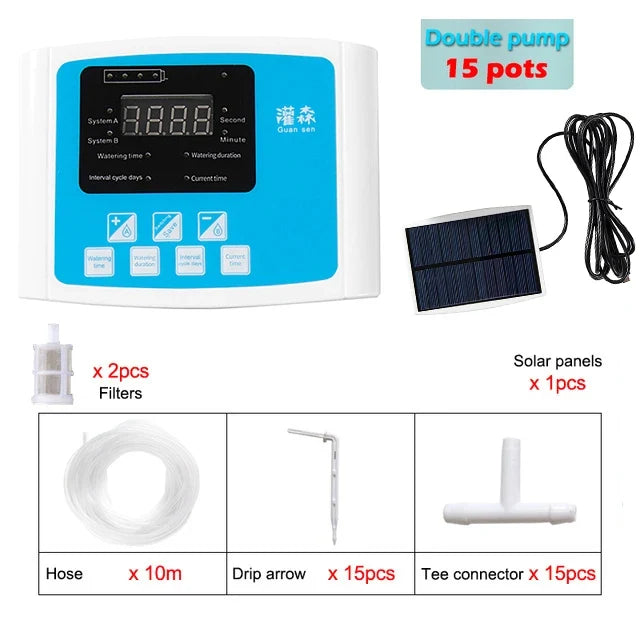 Garden Drip Irrigation Device Double Pump Controller Timer System, Solar Energy Intelligent Automatic Watering Device for Plants