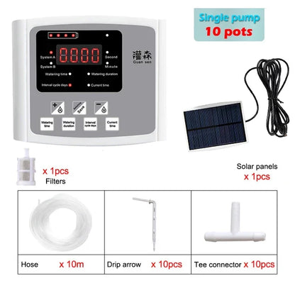 Garden Drip Irrigation Device Double Pump Controller Timer System, Solar Energy Intelligent Automatic Watering Device for Plants