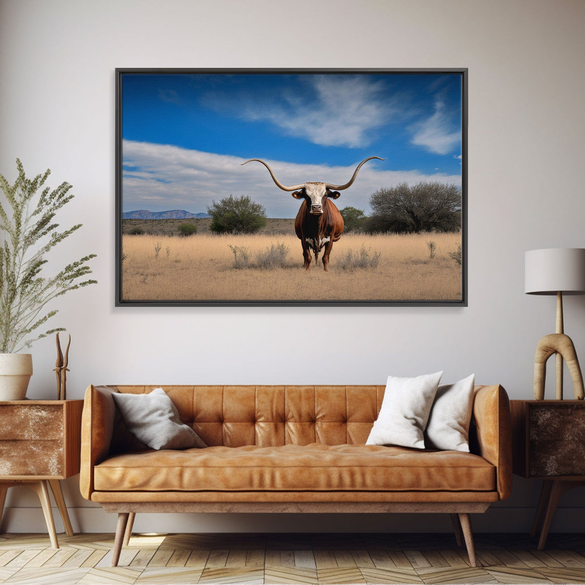 Longhorn cow canvas print, Texas longhorn art, Longhorn canvas print, Farmhouse decor, Rustic wall art, Longhorn wall decor