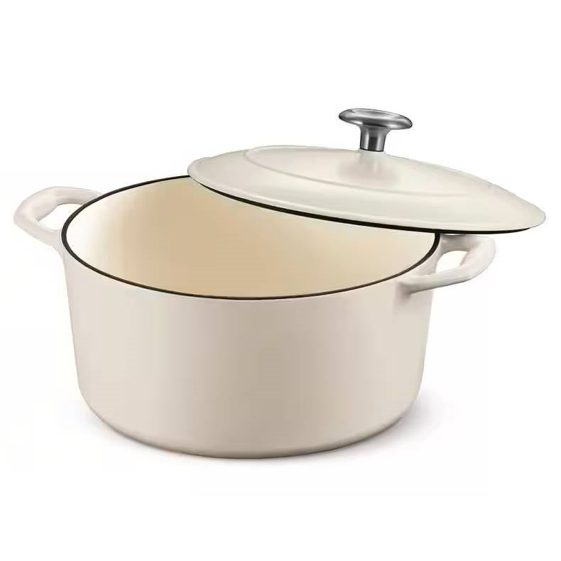 Five and a half quart white beige enameled cast iron Dutch oven with lid
