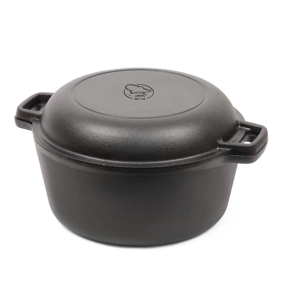 Five quart pre-seasoned cast iron Dutch oven with two-in-one skillet lid