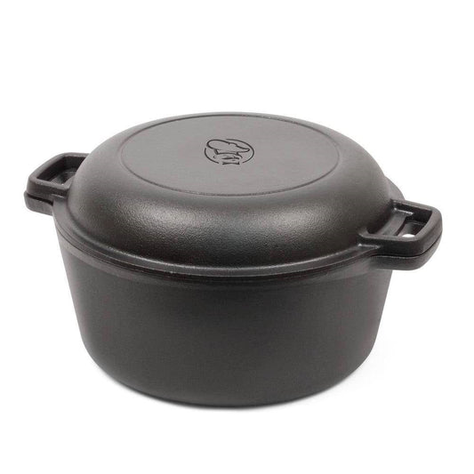 Five quart pre-seasoned cast iron Dutch oven with two-in-one skillet lid