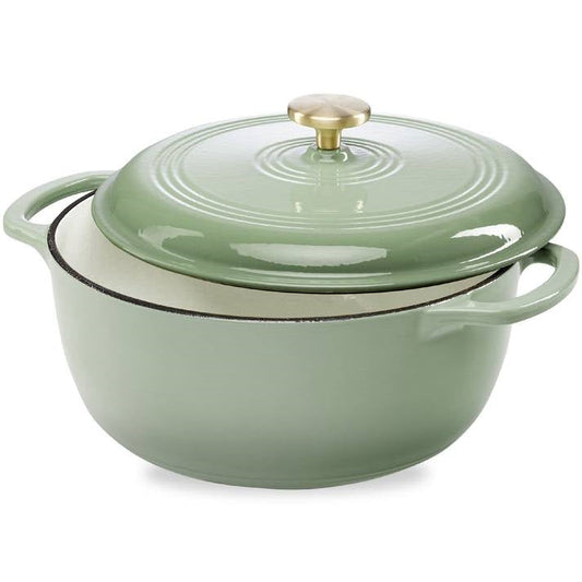 Six quart sage green enamel cast iron Dutch oven