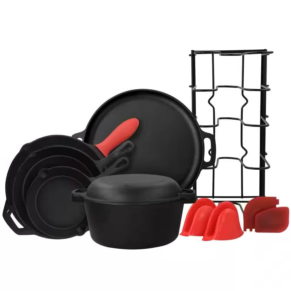 12-Piece Cast Iron Cookware Set — Dutch Oven, Skillets, Pizza Pan & Storage Rack