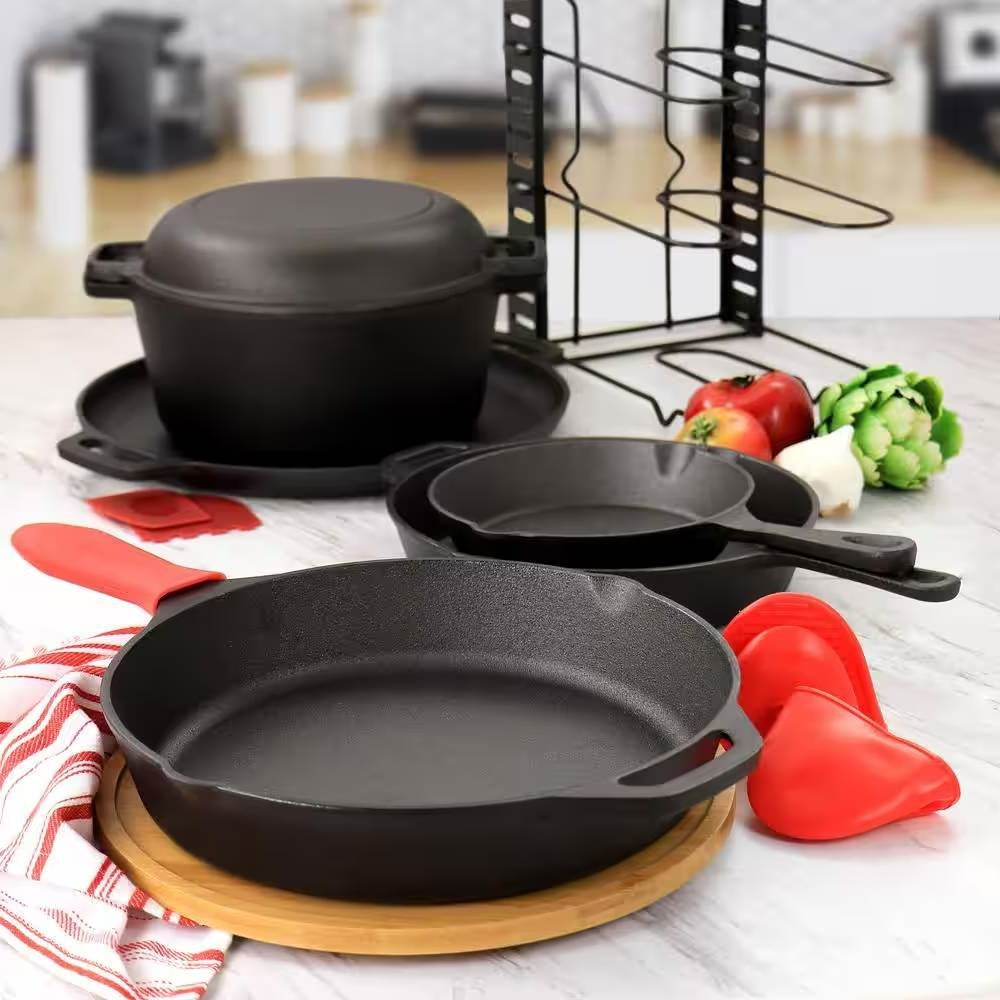 12-Piece Cast Iron Cookware Set — Dutch Oven, Skillets, Pizza Pan & Storage Rack