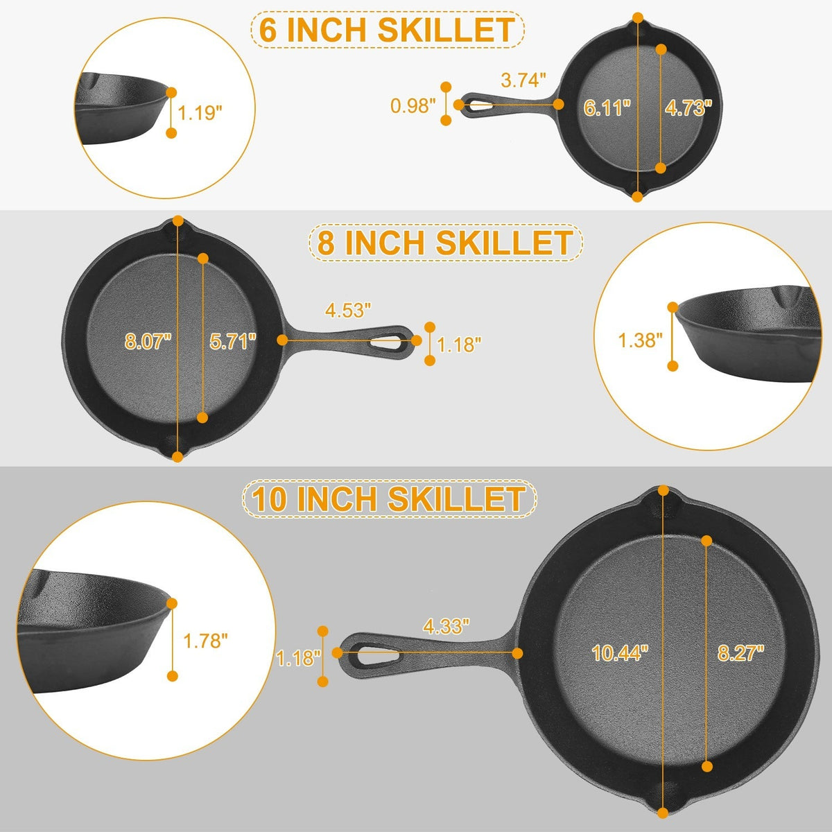 Pre-Seasoned Cast Iron Skillet Set — 6", 8" and 10" Frying Pans