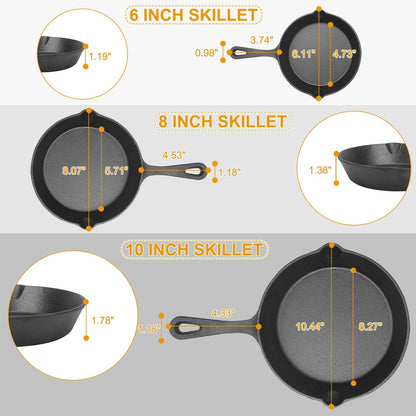 Pre-Seasoned Cast Iron Skillet Set — 6", 8" and 10" Frying Pans