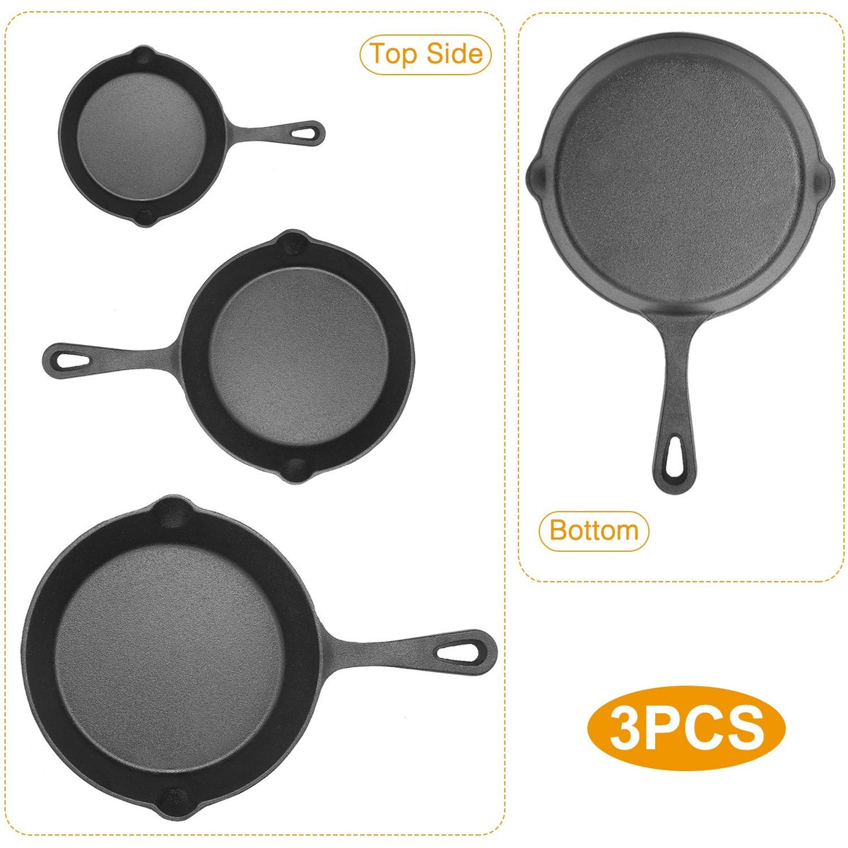 Pre-Seasoned Cast Iron Skillet Set — 6", 8" and 10" Frying Pans