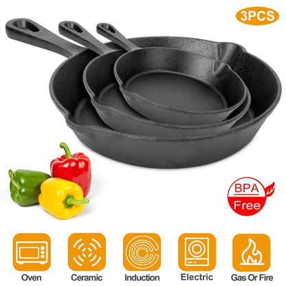 Pre-Seasoned Cast Iron Skillet Set — 6", 8" and 10" Frying Pans