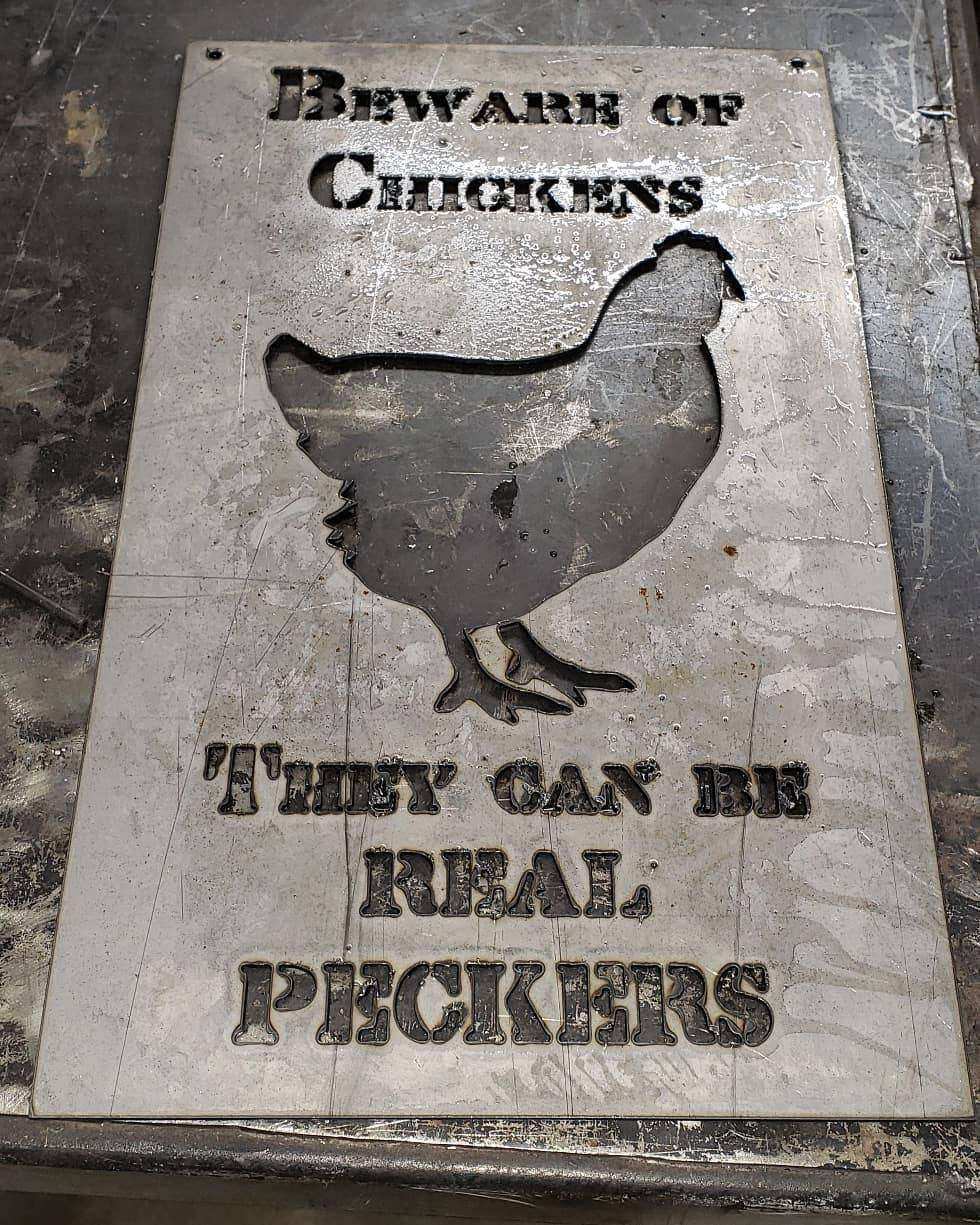 "Beware of Chickens, They Can Be Real Peckers" Metal Coop Sign — 18"x11" Steel