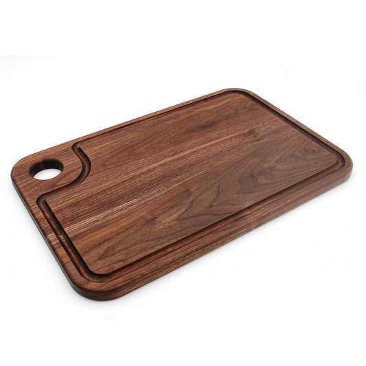 Wood cutting board with thumb hole and juice groove, 18 by 12 inches