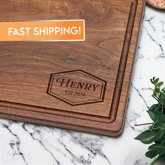 Personalized engraved charcuterie board in cherry, walnut or maple