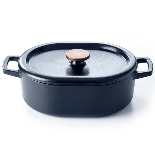 Six quart oval enameled cast iron Dutch oven