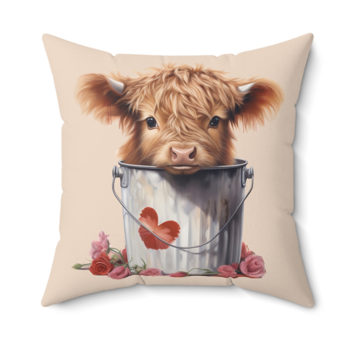 Baby Highland Cow Valentine Pillow — 14"x14" Farmhouse Accent Pillow