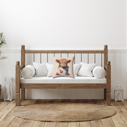 Baby Highland Cow Valentine Pillow — 14"x14" Farmhouse Accent Pillow